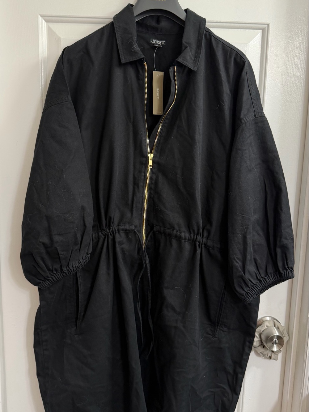 J. Crew Black Drawstring-Waist Trench Coat with Gold Zip